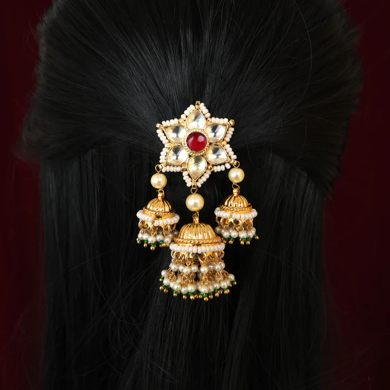 Pachi Kundan Star with 3 Jhumkis Bridal Choti